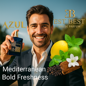 AZUL Eau De Parfum by EST BEST — Mediterranean bold freshness men’s fragrance with citrus, mint, and woody Arabic notes.