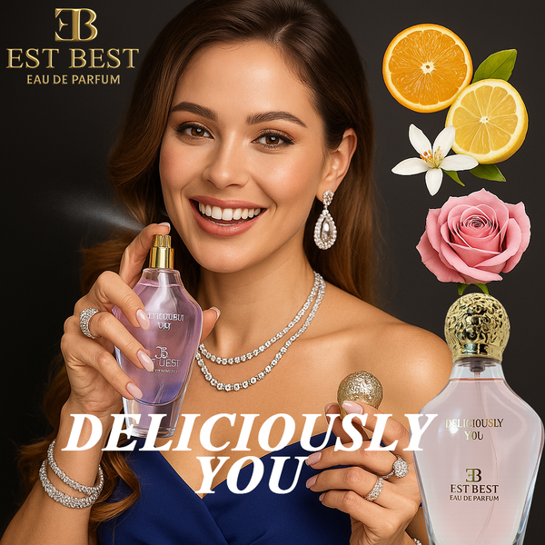 Elegant woman smiling while holding DELICIOUSLY YOU perfume bottle, showcasing luxury and charm.