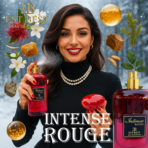 INTENSE ROUGE perfume poster – confident woman holding red perfume bottle with winter fragrance elements