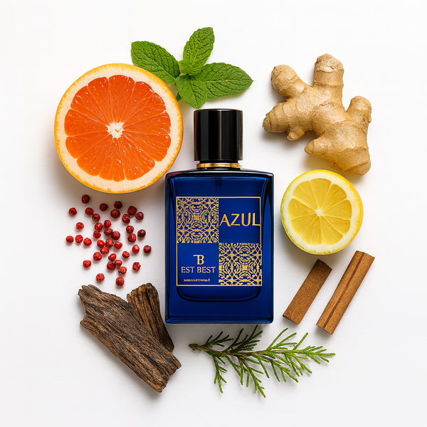 AZUL perfume bottle surrounded by lemon, grapefruit, mint, and ginger — fresh citrus woody scent for men.