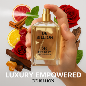 DE BILLION Eau de Parfum bottle surrounded by fragrance notes — grapefruit, rose, cinnamon, leather, and amber — with slogan ‘Luxury Empowered.
