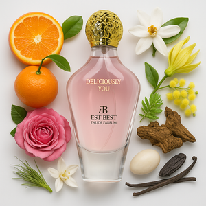 DELICIOUSLY YOU perfume bottle surrounded by orange, rose, and vanilla fragrance notes.