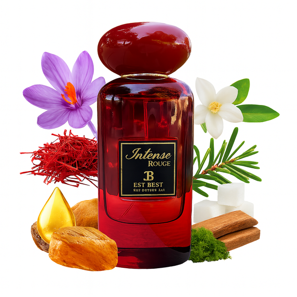 INTENSE ROUGE perfume bottle with saffron, jasmine, amberwood, ambergris, cedar, oakmoss, fir resin, and sugar ingredients