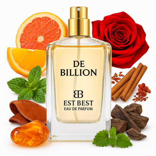 DE BILLION perfume bottle on white background with key fragrance ingredients — blood mandarin, grapefruit, mint, rose, cinnamon, amber, leather, and wood.