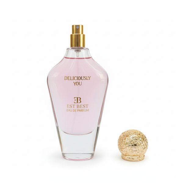 DELICIOUSLY YOU Eau de Parfum bottle with golden cap on white background.