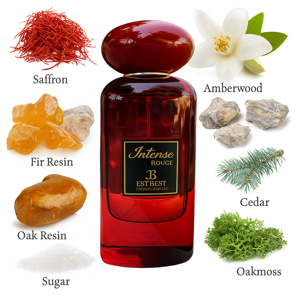EST BEST INTENSE ROUGE perfume bottle surrounded by fragrance ingredients – jasmine, saffron, cedar, oakmoss