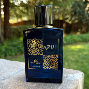 AZUL Eau De Parfum bottle by EST BEST photographed outdoors — elegant blue glass men’s cologne.