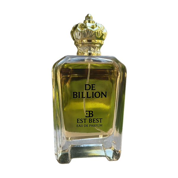 DE BILLION Eau de Parfum bottle isolated on black background showcasing luxury design.