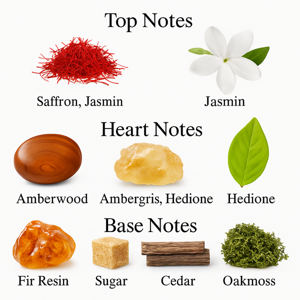 INTENSE ROUGE fragrance pyramid showing top, heart, and base notes – saffron, jasmine, amberwood, ambergris, oakmoss
