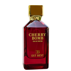 Cherry Bomb Eau de Parfum isolated on black background, highlighting the sleek red glass bottle and gold cap.
