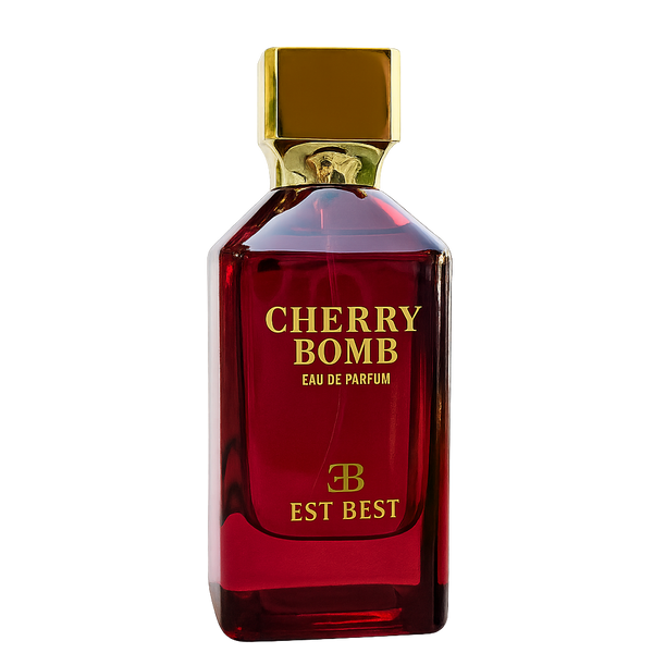 Cherry Bomb Eau de Parfum isolated on black background, highlighting the sleek red glass bottle and gold cap.