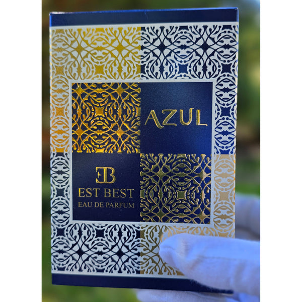 AZUL Eau De Parfum box with gold Arabic-inspired pattern — EST BEST luxury men’s perfume packaging.