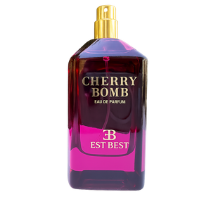 Cherry Bomb Eau de Parfum bottle glowing under soft pink lighting, emphasizing its bold and romantic aura.