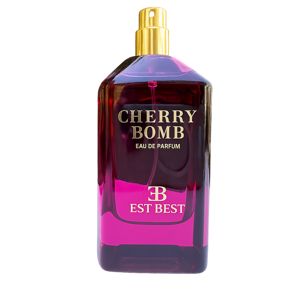 Cherry Bomb Eau de Parfum bottle glowing under soft pink lighting, emphasizing its bold and romantic aura.
