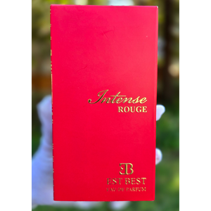 INTENSE ROUGE perfume box front view – EST BEST red packaging with gold lettering