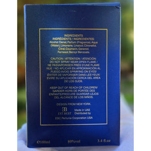 AZUL perfume ingredients and caution label — EST BEST Eau De Parfum, made in UAE, distributed by EBC Perfume USA.