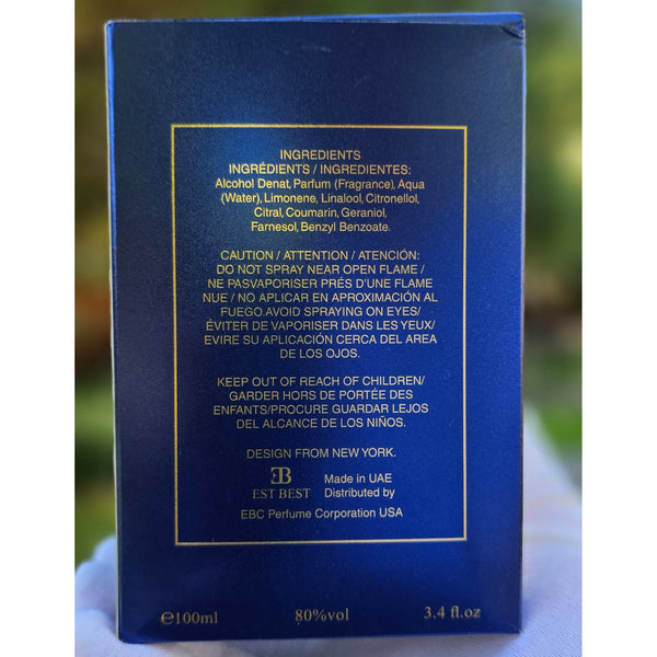AZUL perfume ingredients and caution label — EST BEST Eau De Parfum, made in UAE, distributed by EBC Perfume USA.