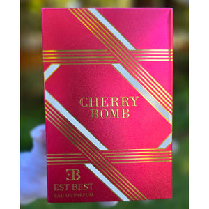 Front view of Cherry Bomb perfume box with elegant red and gold design by EST BEST.