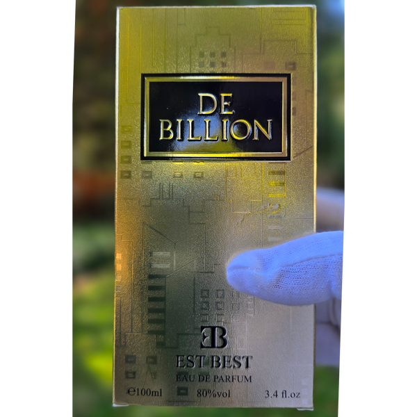 Front of DE BILLION perfume box packaging showing logo and gold design, EST BEST Eau de Parfum 100ml.