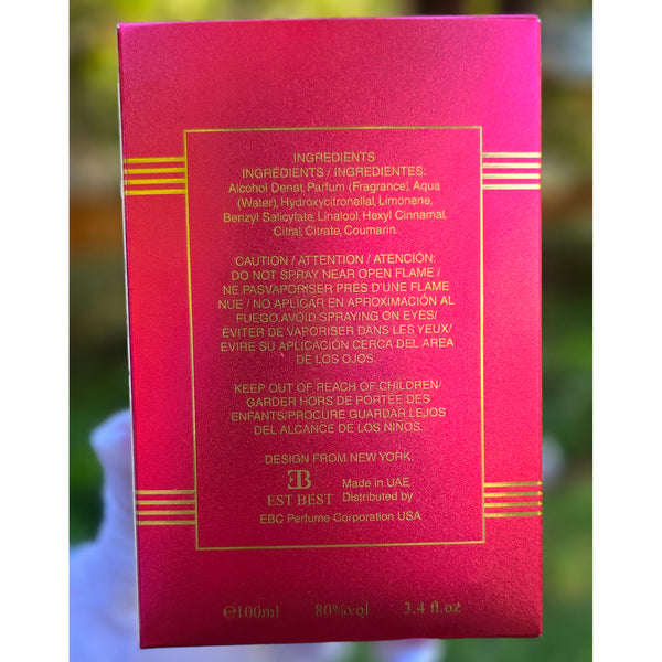 Back side of Cherry Bomb perfume box showing ingredients, manufacturer, and product details made in UAE.