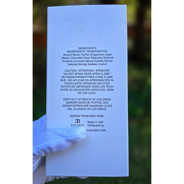 Ingredients and caution label on the back of DELICIOUSLY YOU perfume box.