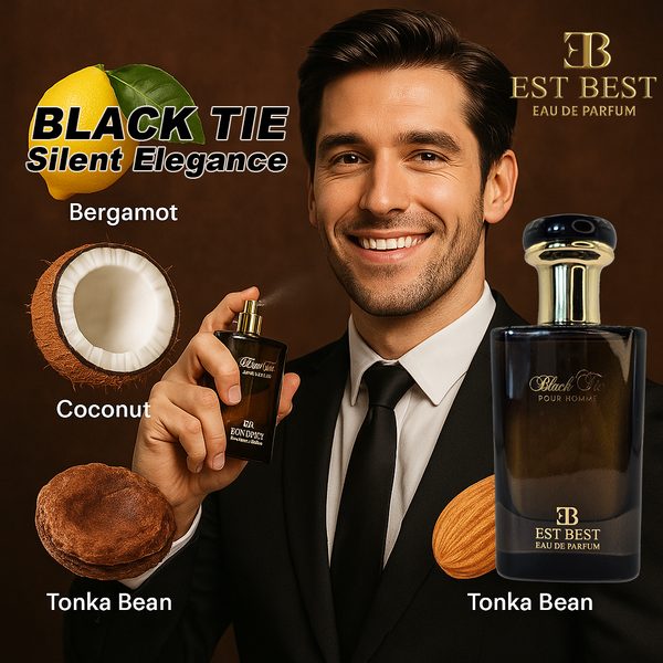 BLACK TIE Eau De Parfum for Men – EST BEST fragrance bottle with model in suit