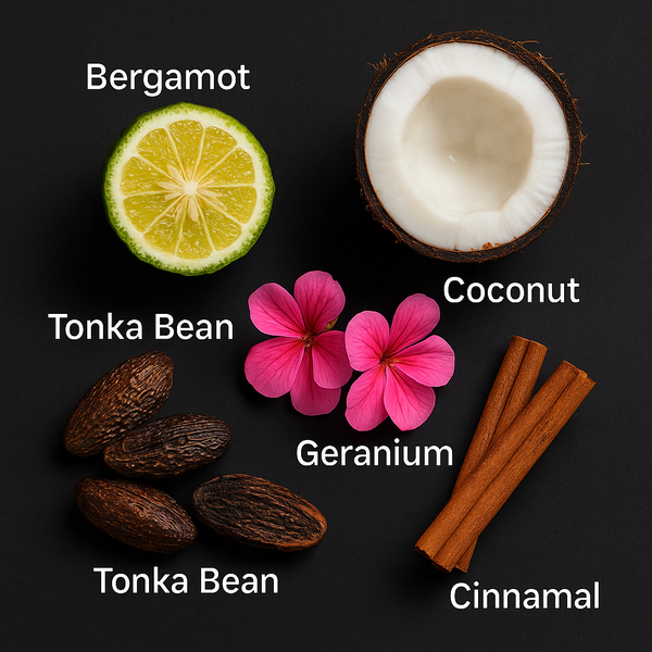 BLACK TIE perfume fragrance notes – bergamot, coconut, tonka bean, geranium, cinnamon