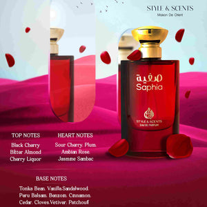 SAPHIA is a richly composed fragrance for women. The opening notes of Black Cherry, Bitter Almond, and Cherry Liquor, create a fruity and slightly bitter exotic aroma.