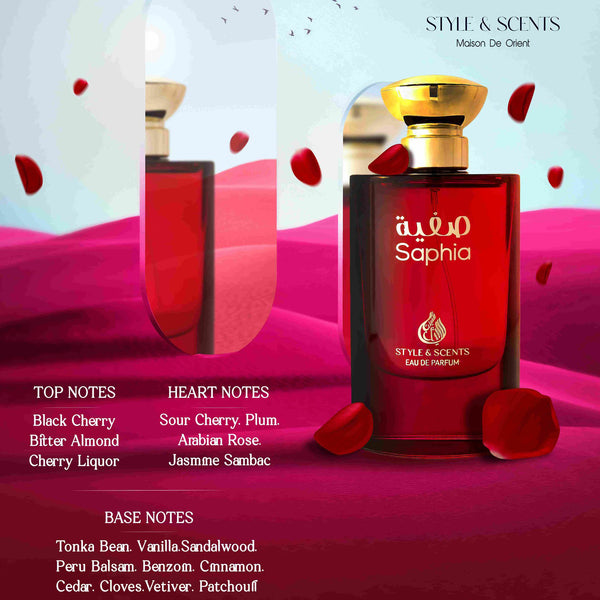 SAPHIA is a richly composed fragrance for women. The opening notes of Black Cherry, Bitter Almond, and Cherry Liquor, create a fruity and slightly bitter exotic aroma.