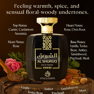 AL SHURUQ Eau De Parfum – Spicy Woody Men’s Perfume with Cardamom, Cumin, Rose, Patchouli & Musk | 100ml, 20% Oil, 18 to 24 Hours 🌙 Perfect for formal nights or bold daily wear – Made in UAE (MDO009)