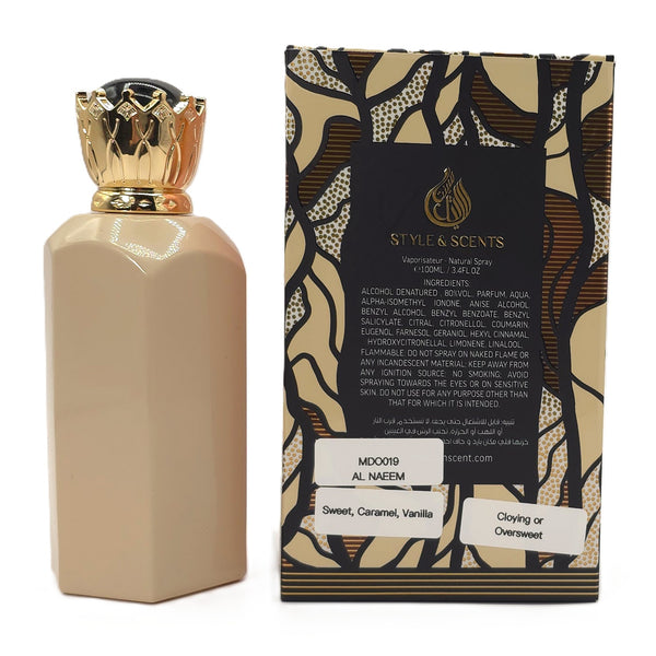 Back label of AL NAEEM unisex perfume showing ingredients and scent notes