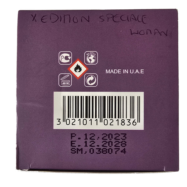 Bottom of X Edition perfume box showing barcode and manufacturing info – Made in U.A.E.