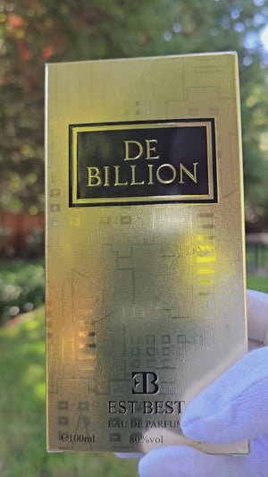 Close-up video of DE BILLION perfume bottle held by hand, highlighting the elegant design and golden cap in natural light.