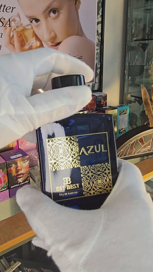 Indoor display video showing AZUL bottle at perfume counter — ideal for main Shopify video or ad intro.